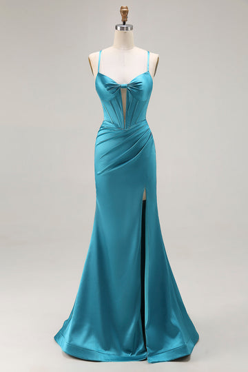 Peacock Blue Corset Mermaid Cut-Out Satin Long Prom Dress with Slit